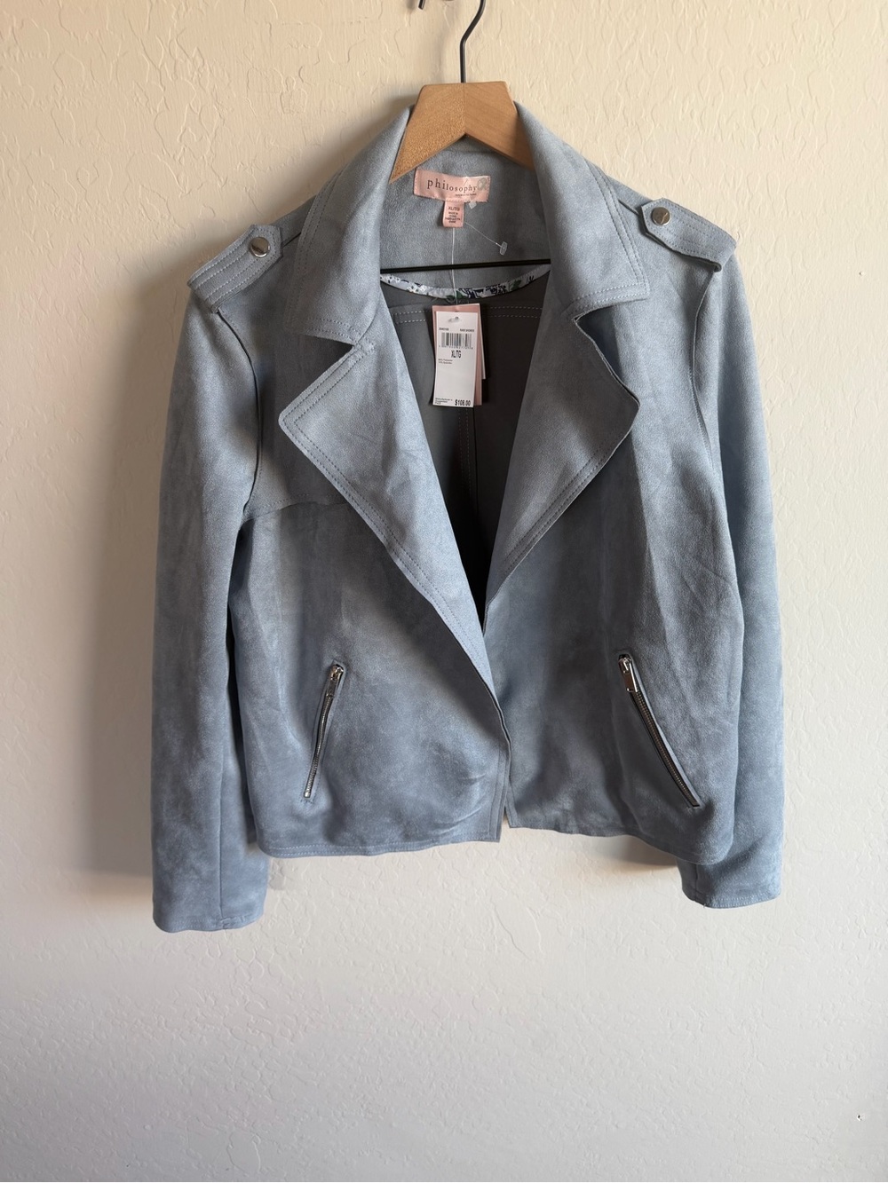 philosophy Light Blue Suede Moto Jacket  XL Staple Boho 90s NWT